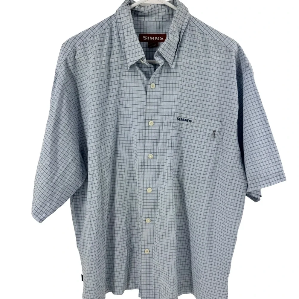 Simms Mens XL‎ Blue Plaid Short Sleeve Button Down Fishing Shirt Micro Check